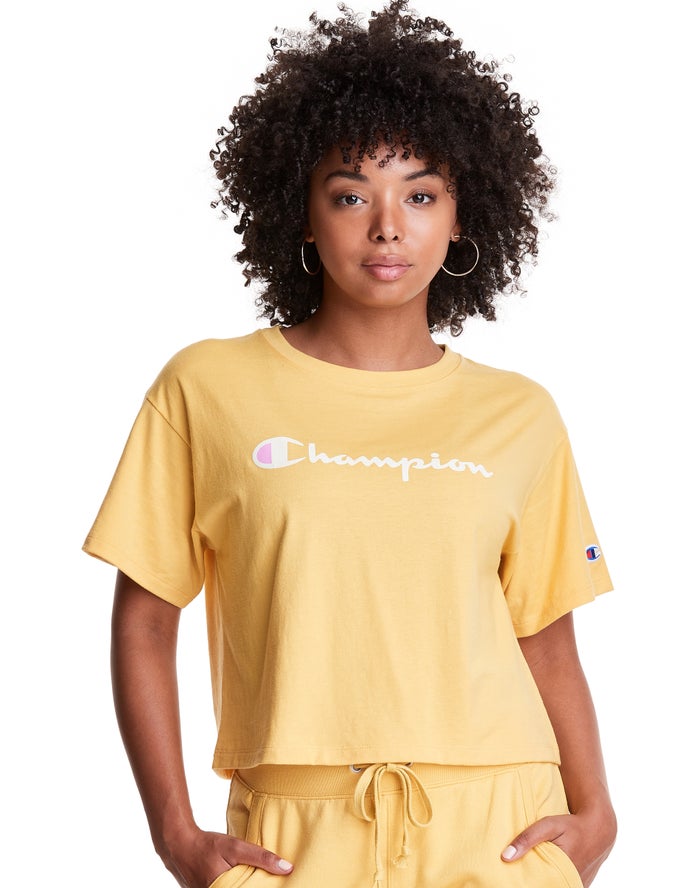 Champion Cropped Script Logo T-Shirt Dames - Geel - Belgie 8962UYRMJ